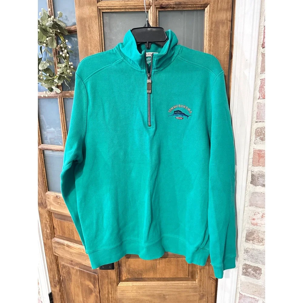 Tommy Bahama Relax Quarter Zip Pullover Men S Green Marlin Embroidered Cotton‎